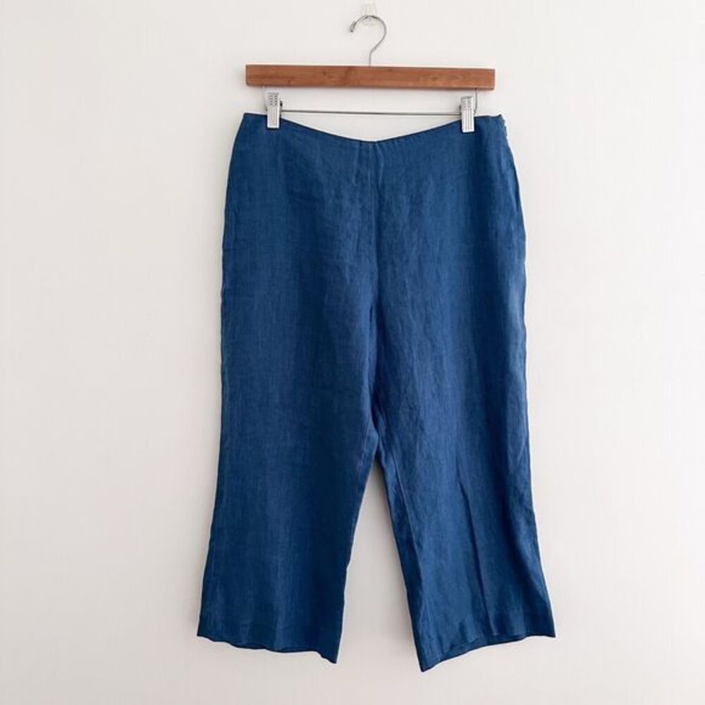 Vintage 100% Linen Cropped Trousers Coastal Blue Wide Leg Pant Size 10